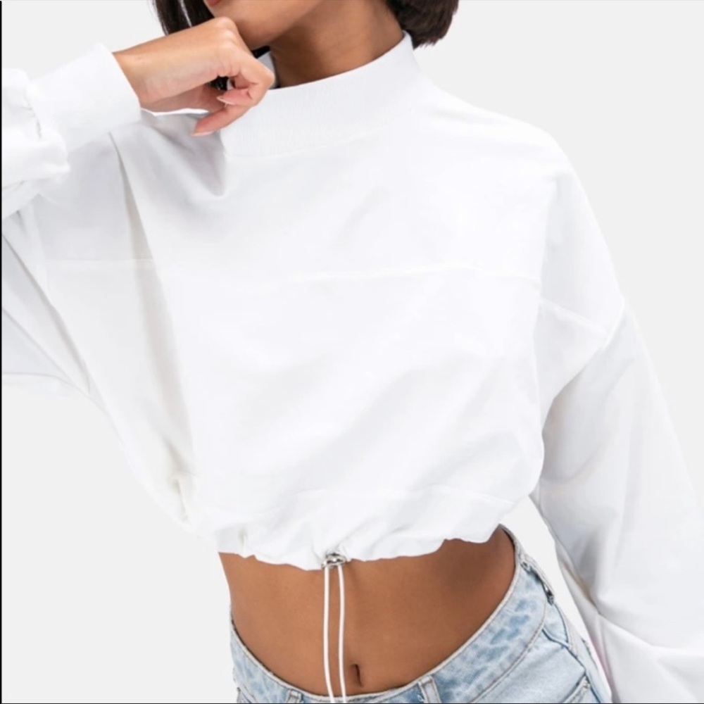 Adika White Cropped Drawstring Sweatshirt